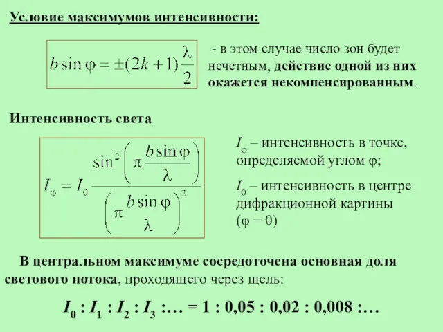 Условие максимумов интенсивности: Интенсивность света - в этом случае число