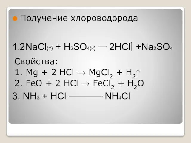 Получение хлороводорода Свойства: 1. Mg + 2 HCl → MgCl2