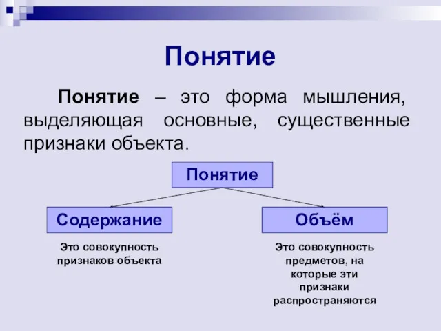 Понятие Понятие – это форма мышления, выделяющая основные, существенные признаки объекта. Понятие