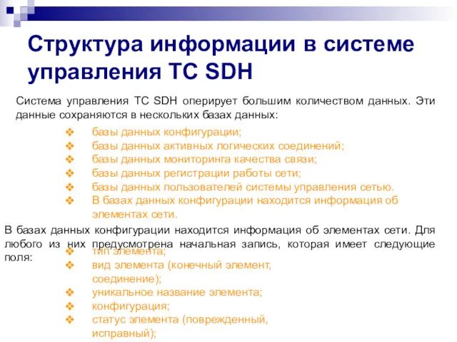 Структура информации в системе управления ТС SDH Система управления ТС