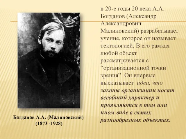 в 20-е годы 20 века А.А. Богданов (Александр Александрович Малиновский)