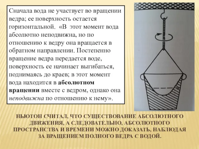 НЬЮТОН СЧИТАЛ, ЧТО СУЩЕСТВОВАНИЕ АБСОЛЮТНОГО ДВИЖЕНИЯ, А СЛЕДОВАТЕЛЬНО, АБСОЛЮТНОГО ПРОСТРАНСТВА