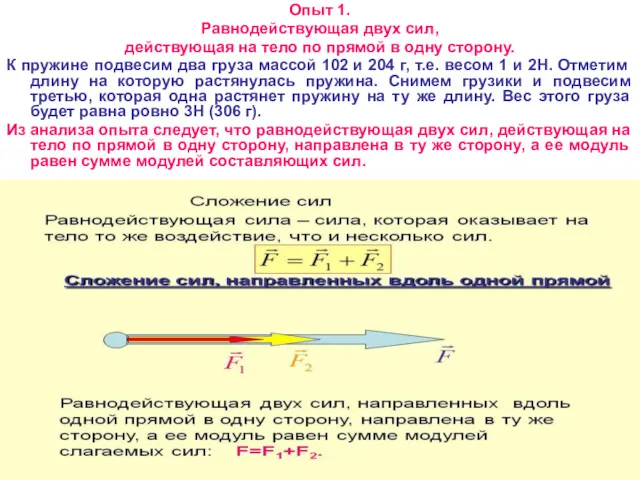 Опыт 1. Равнодействующая двух сил, действующая на тело по прямой