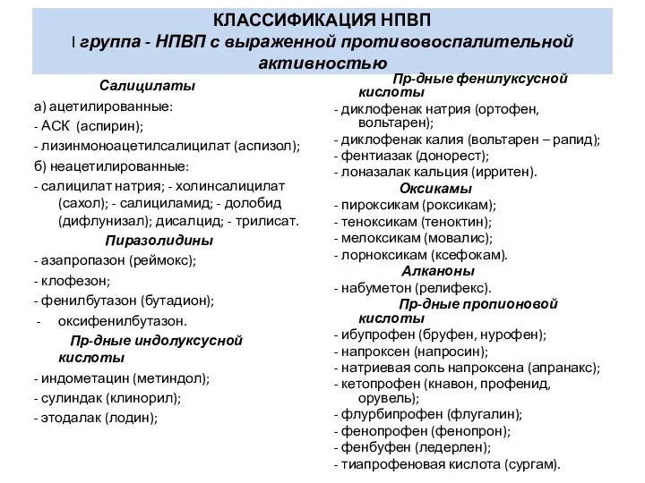 КЛАССИФИКАЦИЯ НПВП I группа - НПВП с выраженной противовоспалительной активностью