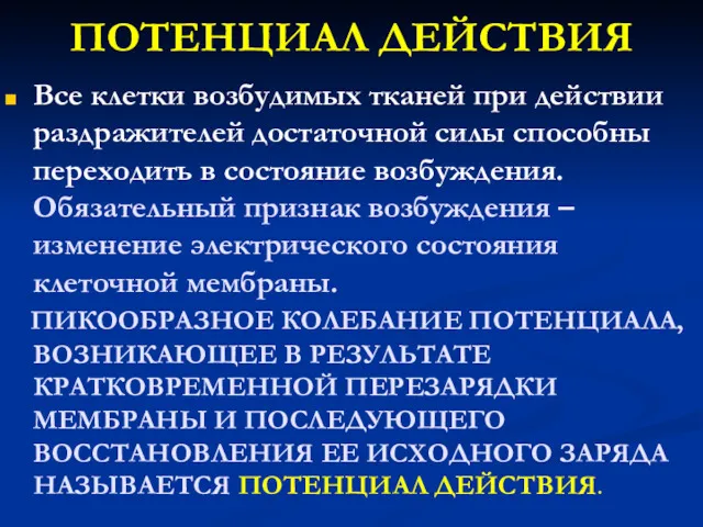 ПОТЕНЦИАЛ ДЕЙСТВИЯ Все клетки возбудимых тканей при действии раздражителей достаточной