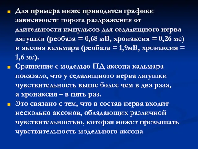 Для примера ниже приводятся графики зависимости порога раздражения от длительности