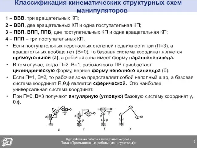 Классификация кинематических структурных схем манипуляторов 1 – ВВВ, три вращательных