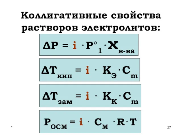 * Коллигативные свойства растворов электролитов: ΔР = i ⋅Р°1⋅χв-ва ΔТкип