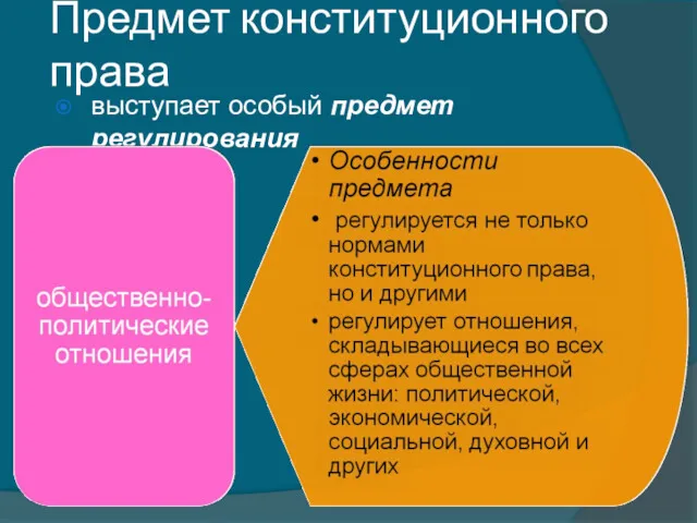 Предмет конституционного права выступает особый предмет регулирования