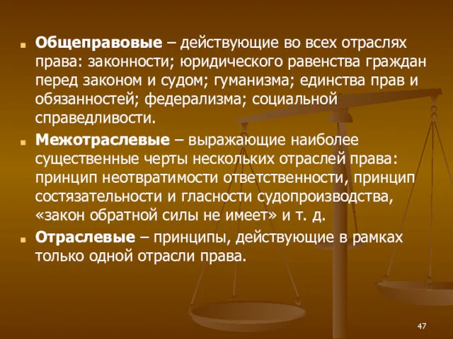 Общеправовые – действующие во всех отраслях права: законности; юридического равенства