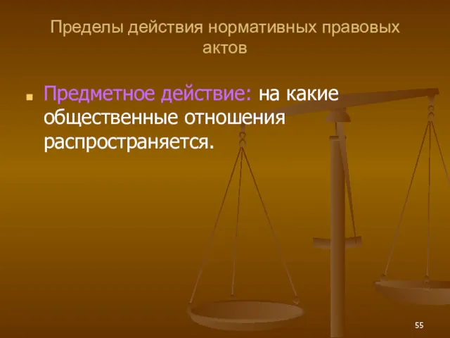 Пределы действия нормативных правовых актов Предметное действие: на какие общественные отношения распространяется.