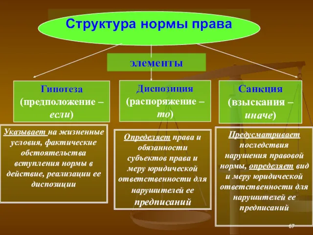 Структура нормы права элементы Гипотеза (предположение – если) Диспозиция (распоряжение