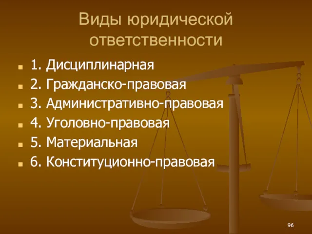 Виды юридической ответственности 1. Дисциплинарная 2. Гражданско-правовая 3. Административно-правовая 4. Уголовно-правовая 5. Материальная 6. Конституционно-правовая