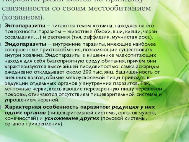 Паразиты различаются по принципу связанности со своим местообитанием(хозяином). Эктопаразиты –