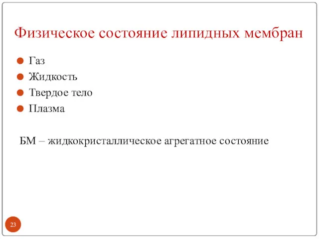 Физическое состояние липидных мембран Газ Жидкость Твердое тело Плазма БМ – жидкокристаллическое агрегатное состояние