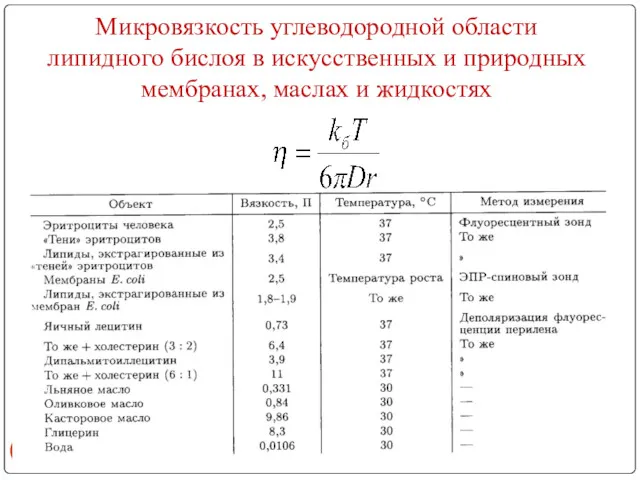 Микровязкость углеводородной области липидного бислоя в искусственных и природных мембранах, маслах и жидкостях