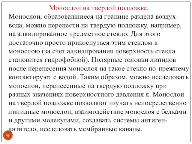 Монослои на твердой подложке. Монослои, образовавшиеся на границе раздела воздух-вода,