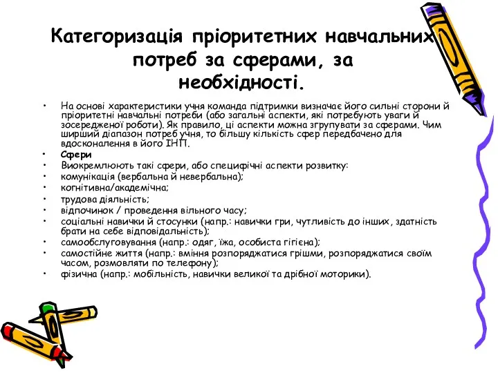 Категоризація пріоритетних навчальних потреб за сферами, за необхідності. На основі