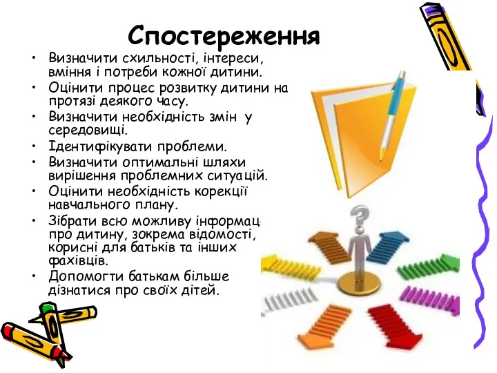 Спостереження Визначити схильності, інтереси, вміння і потреби кожної дитини. Оцінити