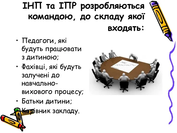 ІНП та ІПР розробляються командою, до складу якої входять: Педагоги,