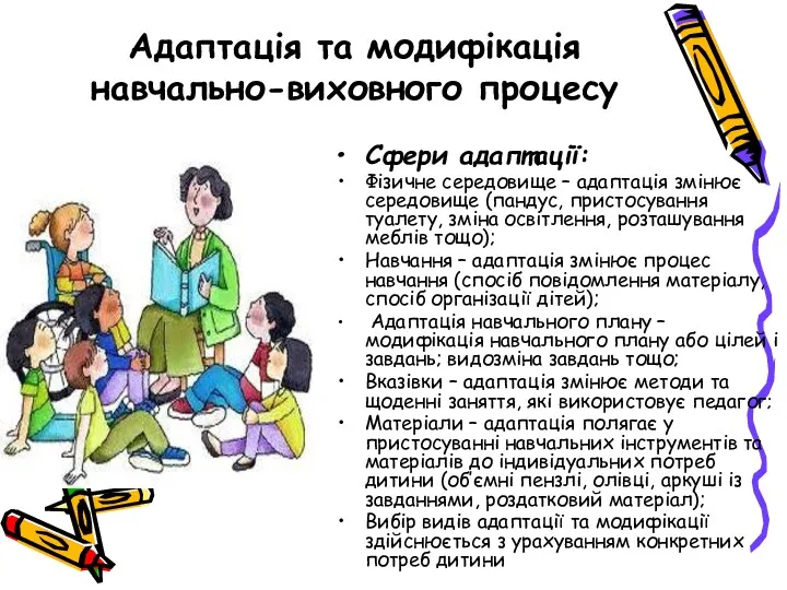 Адаптація та модифікація навчально-виховного процесу Сфери адаптації: Фізичне середовище –