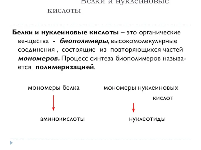 Белки и нуклеиновые кислоты Белки и нуклеиновые кислоты – это органические ве-щества -