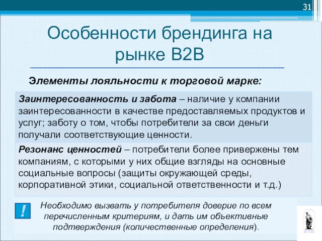 Особенности брендинга на рынке В2В Элементы лояльности к торговой марке: