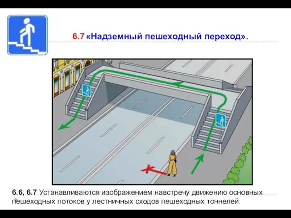 6.7 «Надземный пешеходный переход». 6.6, 6.7 Устанавливаются изображением навстречу движению