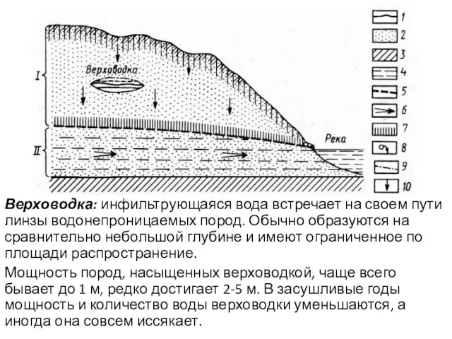 Верховодка: инфильтрующаяся вода встречает на своем пути линзы водонепроницаемых пород.