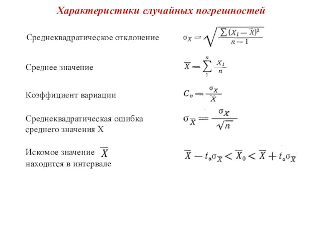 Характеристики случайных погрешностей Среднеквадратическое отклонение Среднее значение Коэффициент вариации Среднеквадратическая