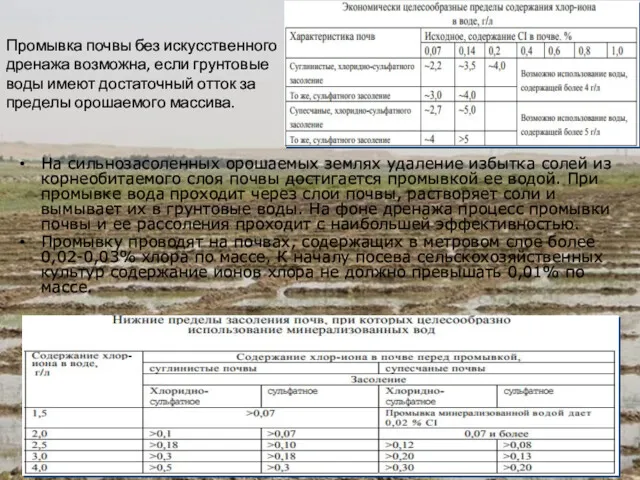 На сильнозасоленных орошаемых землях удаление избытка солей из корнеобитаемого слоя