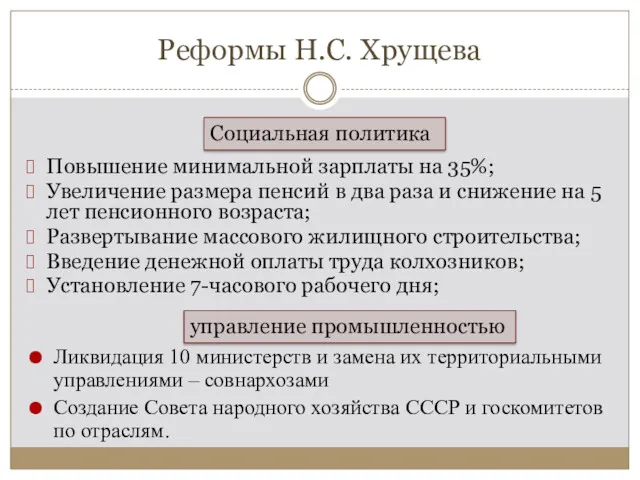 Реформы Н.С. Хрущева Повышение минимальной зарплаты на 35%; Увеличение размера