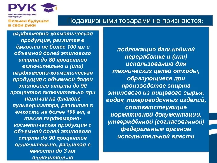 Подакцизными товарами не признаются: парфюмерно-косметическая продукция, разлитая в ёмкости не