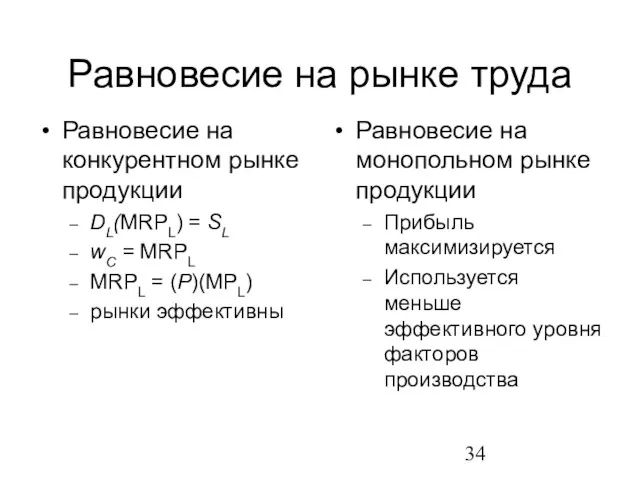 Равновесие на рынке труда Равновесие на конкурентном рынке продукции DL(MRPL)