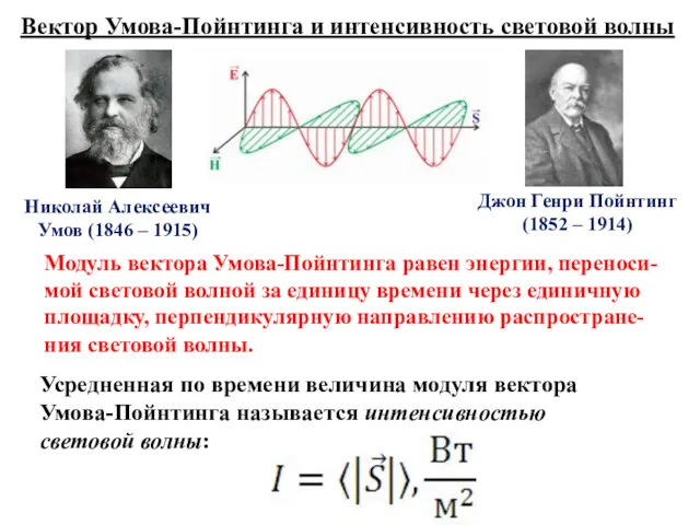 Модуль вектора Умова-Пойнтинга равен энергии, переноси- мой световой волной за