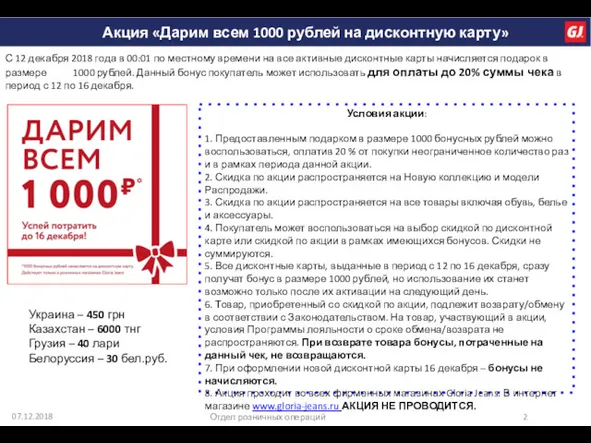 07.12.2018 Отдел розничных операций Акция «Дарим всем 1000 рублей на