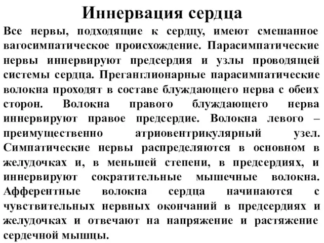 Иннервация сердца Все нервы, подходящие к сердцу, имеют смешанное вагосимпатическое