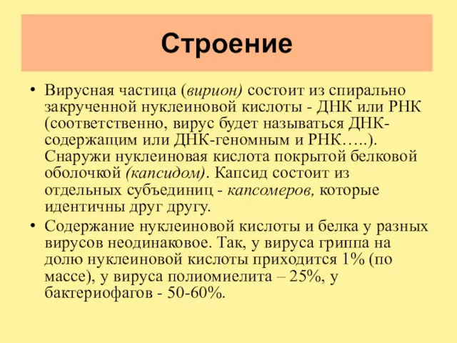 Строение Вирусная частица (вирион) состоит из спирально закрученной нуклеиновой кислоты