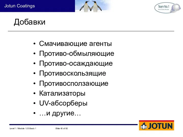 Смачивающие агенты Противо-обмыляющие Противо-осаждающие Противоскользящие Противосползающие Катализаторы UV-абсорберы …и другие… Добавки