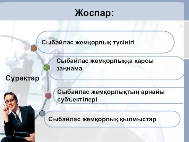 Жоспар: Сыбайлас жемқорлық қылмыстар Сыбайлас жемқорлық түсінігі Сұрақтар Сыбайлас жемқорлыққа қарсы заңнама Сыбайлас жемқорлықтың арнайы субъектілері