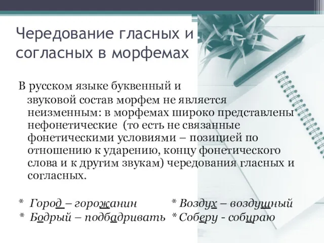 Чередование гласных и согласных в морфемах В русском языке буквенный