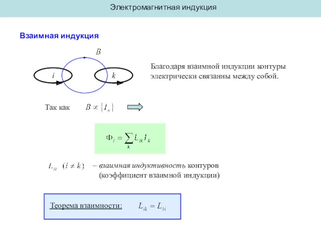Электромагнитная индукция Взаимная индукция i k Так как – взаимная индуктивность контуров (коэффициент