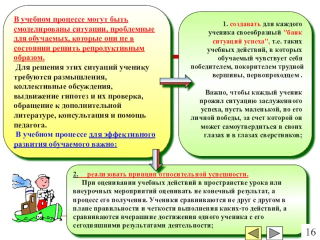 1. создавать для каждого ученика своеобразный "банк ситуаций успеха", т.е. таких учебных действий,