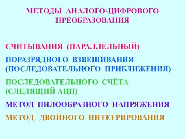 МЕТОДЫ АНАЛОГО-ЦИФРОВОГО ПРЕОБРАЗОВАНИЯ СЧИТЫВАНИЯ (ПАРАЛЛЕЛЬНЫЙ) ПОРАЗРЯДНОГО ВЗВЕШИВАНИЯ (ПОСЛЕДОВАТЕЛЬНОГО ПРИБЛИЖЕНИЯ) ПОСЛЕДОВАТЕЛЬНОГО