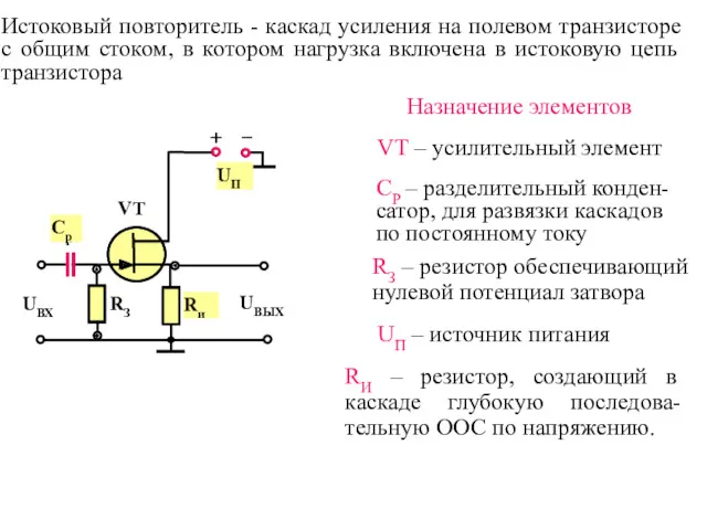 Истоковый повторитель - каскад усиления на полевом транзисторе с общим стоком, в котором