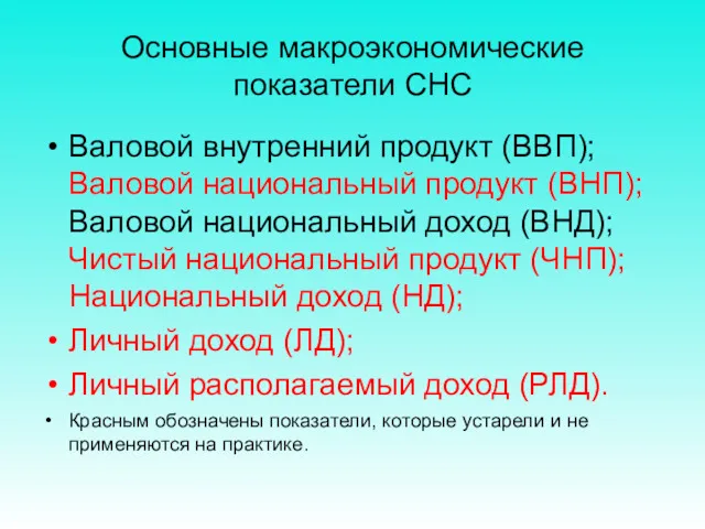 Основные макроэкономические показатели СНС Валовой внутренний продукт (ВВП); Валовой национальный