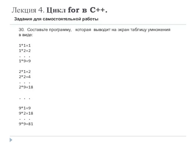 Лекция 4. Цикл for в C++. Задания для самостоятельной работы