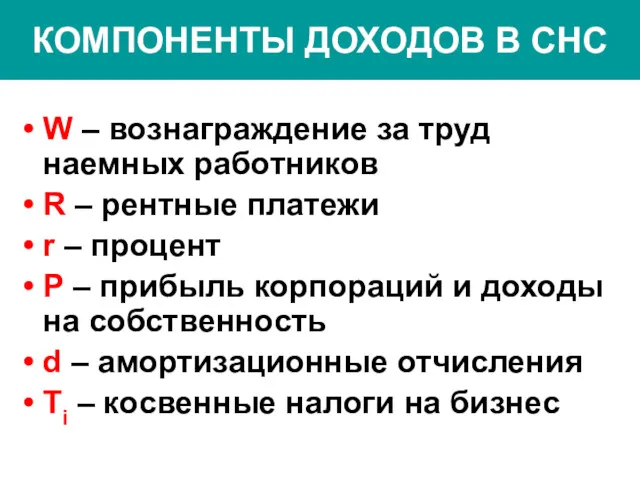 КОМПОНЕНТЫ ДОХОДОВ В СНС W – вознаграждение за труд наемных