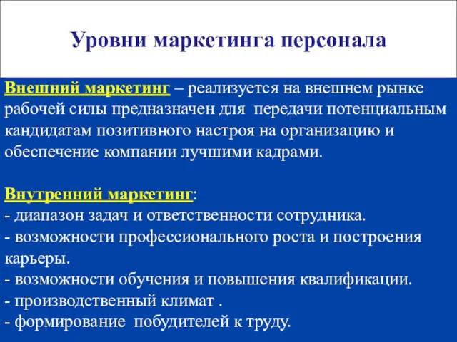 Уровни маркетинга персонала Внешний маркетинг – реализуется на внешнем рынке