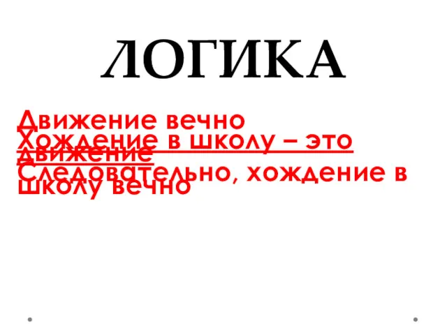 ЛОГИКА Движение вечно Хождение в школу – это движение Следовательно, хождение в школу вечно